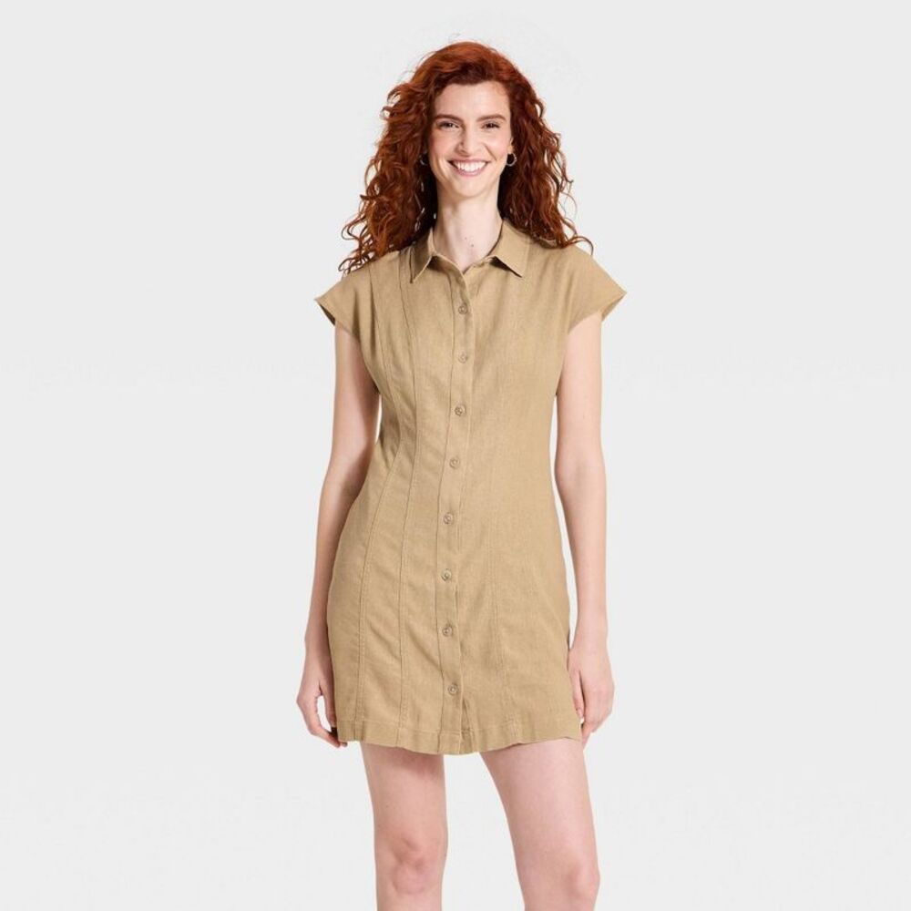 Women's Short Sleeve Mini Shirt Dress - Universal Thread Tan S